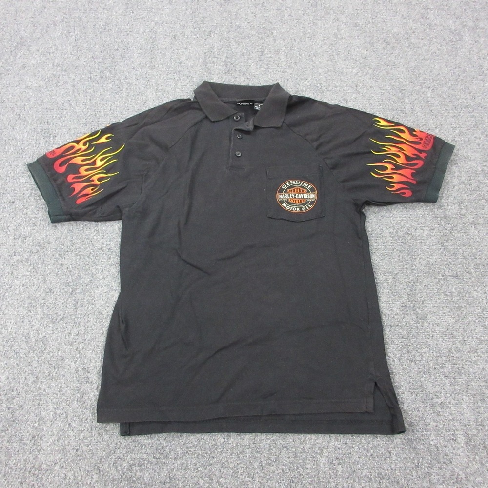 Harley-Davidson‎ Polo Shirt Mens Small Black Flames Motor Oil Orlando Graphic